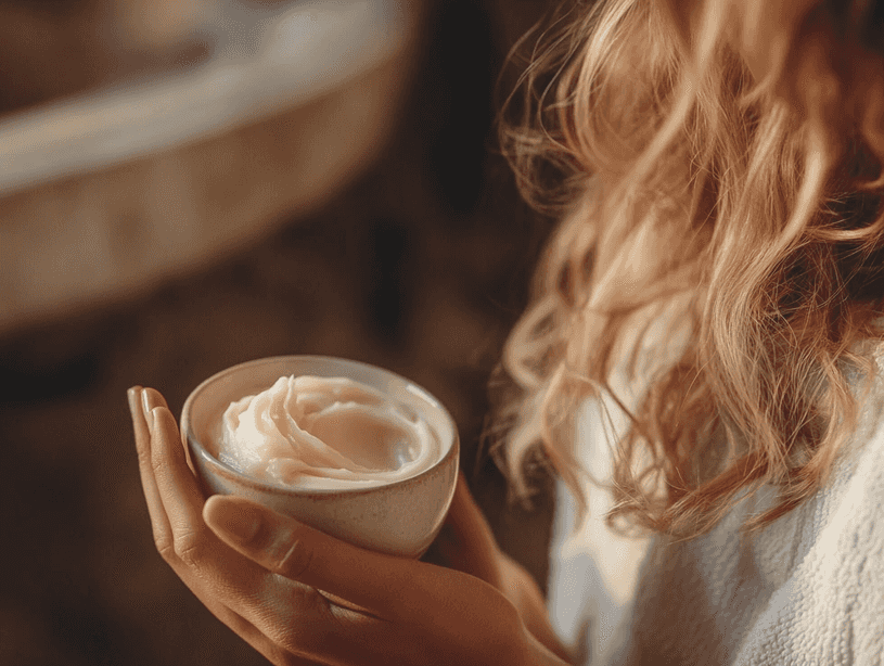 A close-up of a woman applying a hair mask in a luxurious bathroom setting