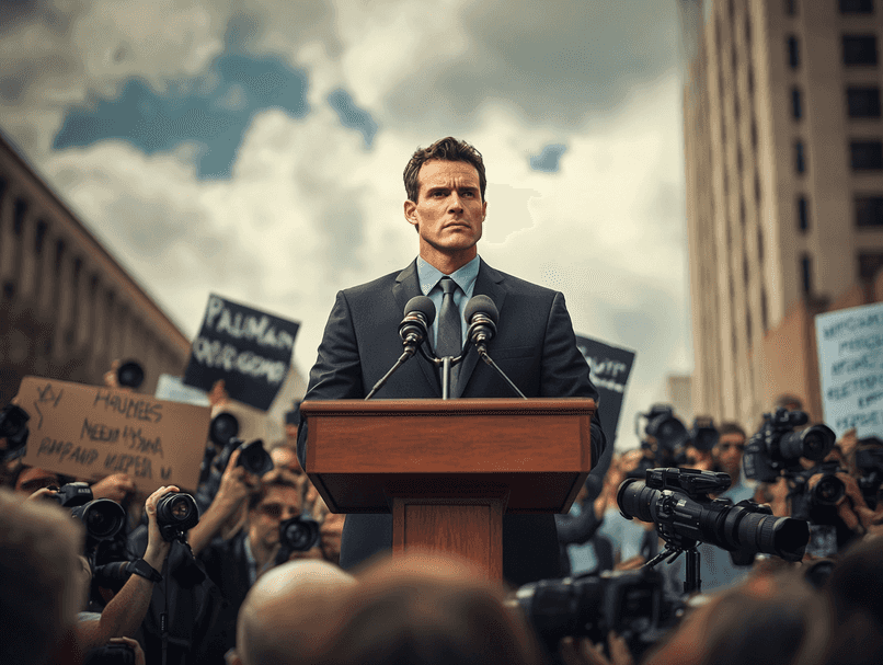 A close-up of DA Nathan Hochman in a press conference