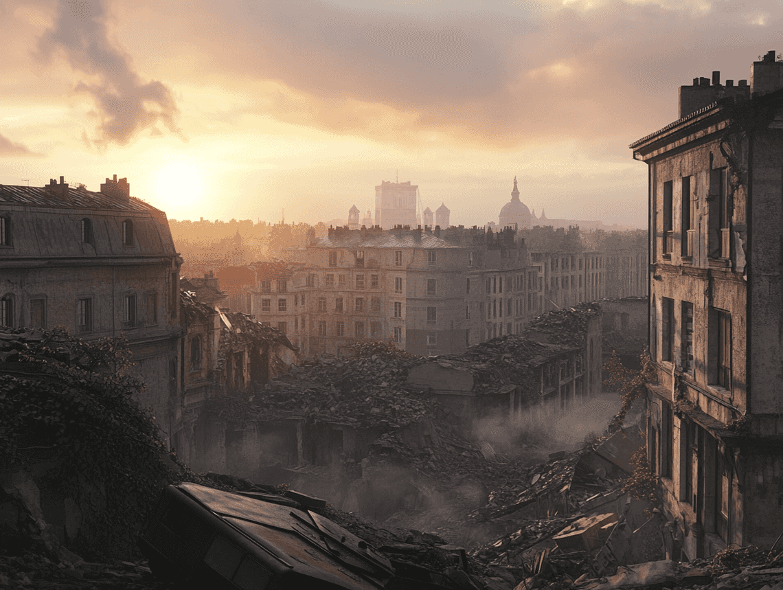 A war-torn city with a hopeful sunrise in the background