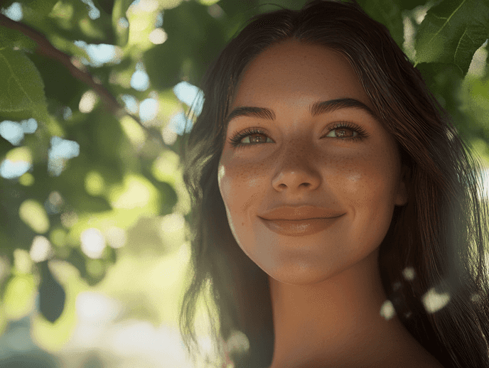 A glowing, radiant face of a woman smiling outdoors, showcasing healthy skin
