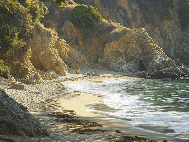 A hiker standing on a ridge overlooking the Pacific Ocean on the Trans Catalina Trail