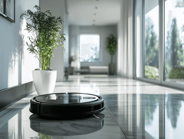 A robotic vacuum cleaning a hardwood floor while mopping simultaneously