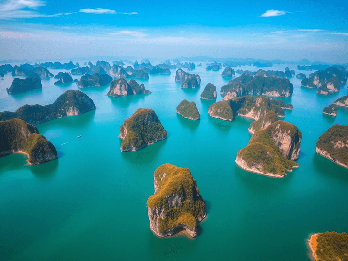 A stunning view of Ha Long Bay with limestone islands
