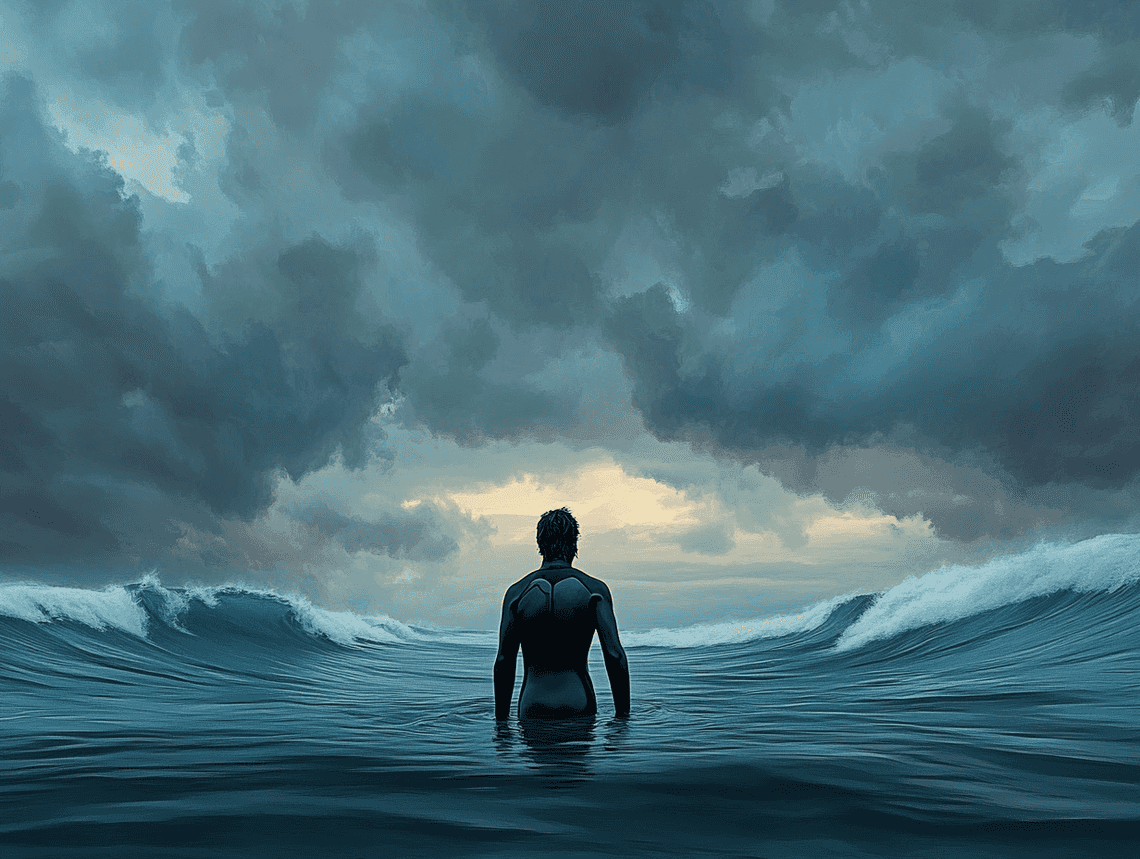 A surfer paddling cautiously in the ocean with safety gear