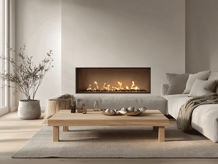 A family enjoying a warm evening by a gas fireplace in a modern living room