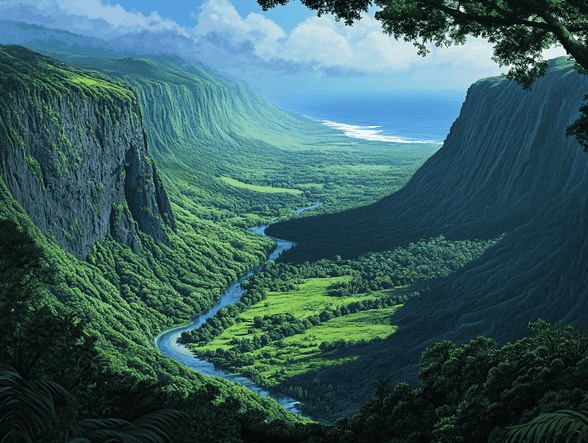A panoramic view of Waipiʻo Valley with its dramatic cliffs and lush greenery