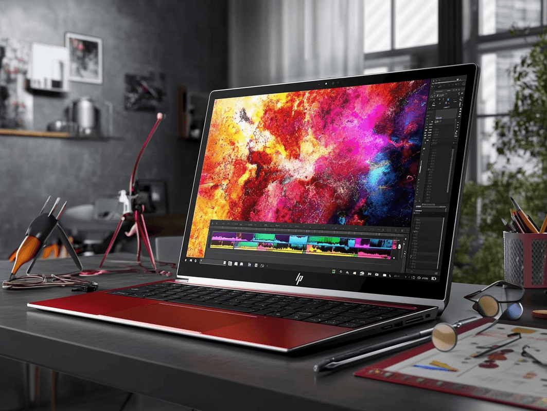 A creative workspace featuring a laptop, external monitor, and editing accessories