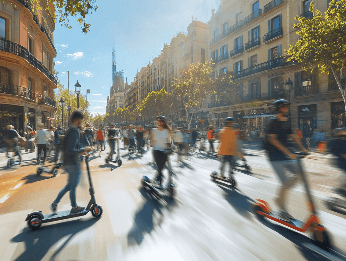 A busy Barcelona street with pedestrians and e-scooter riders navigating the space