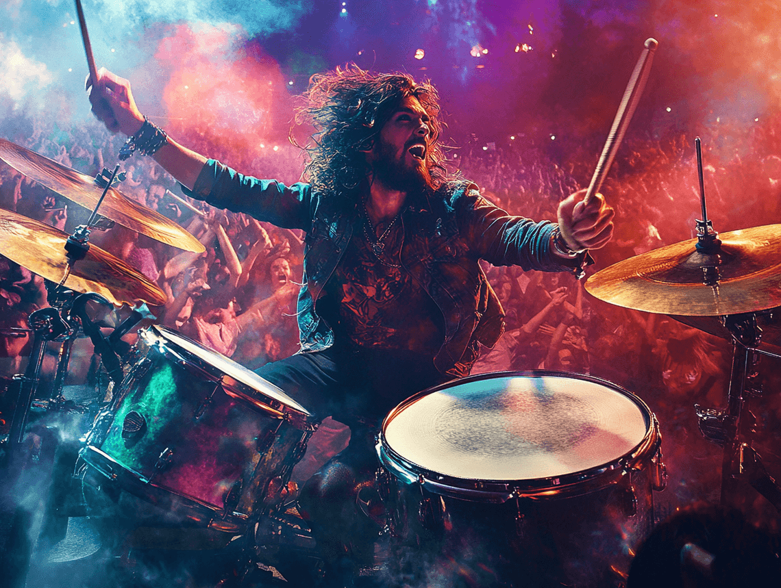 A dramatic image of a drummer performing on stage, with intense lighting and a crowd in the background.