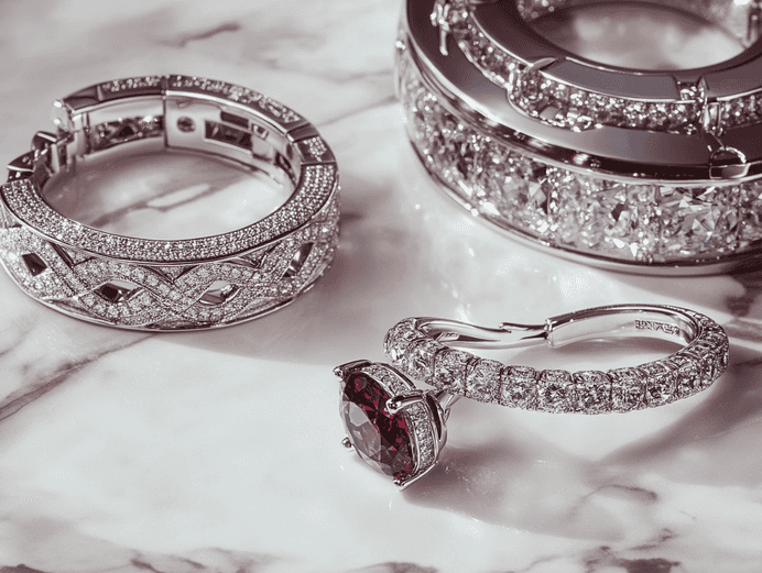 A luxurious jewelry display featuring gold and diamond pieces