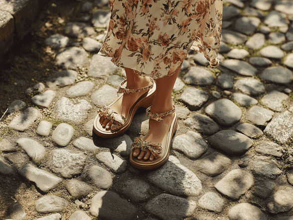 A pair of platform sandals styled with a summer dress