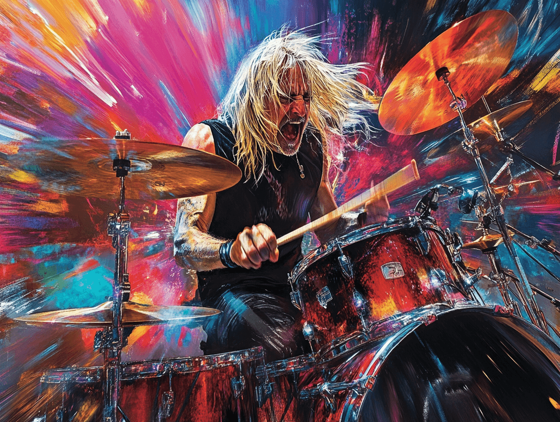 A close-up of Mikkey Dee performing on stage with his drum kit, showcasing his intense energy and focus