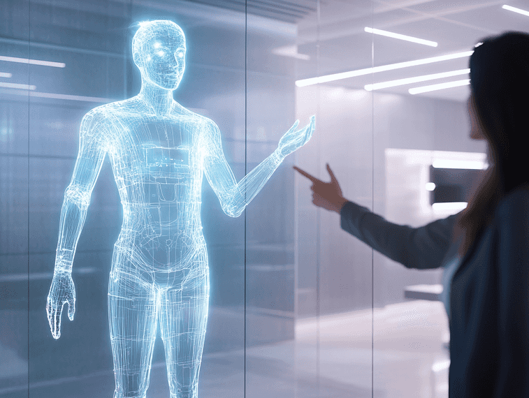 A futuristic AI hologram interacting with a human in a modern setting