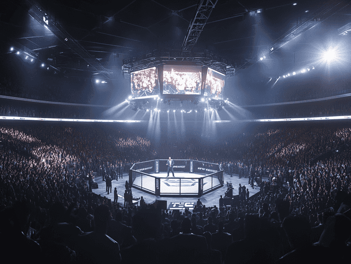 A UFC event with Dana White addressing the audience, symbolizing his influence