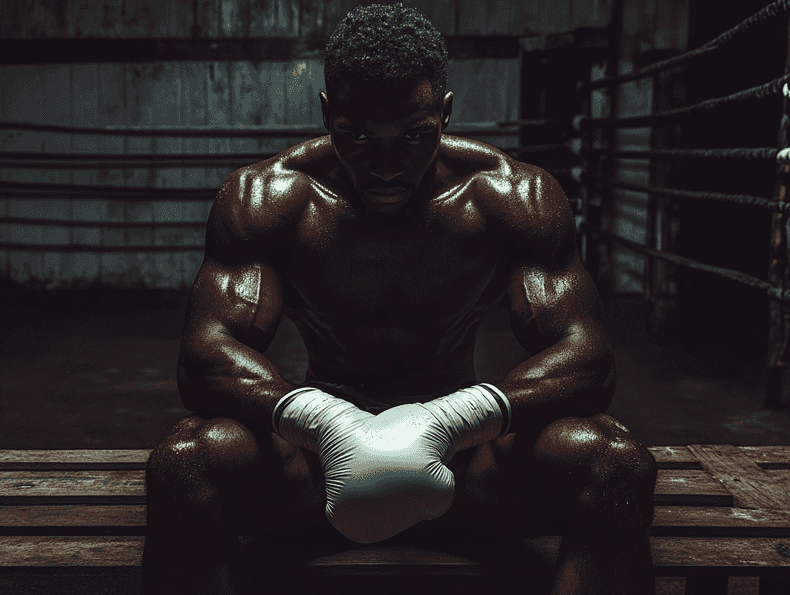 A dramatic movie scene with intense lighting and a boxing ring in the background