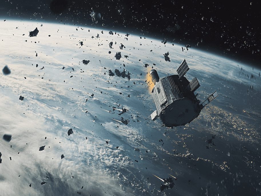 A satellite orbiting Earth, surrounded by fragments of space debris