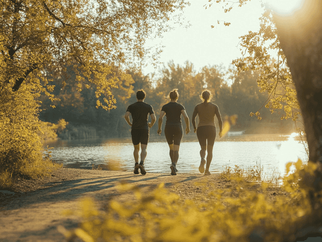A group of people walking briskly on a scenic trail, enjoying a low-intensity workout