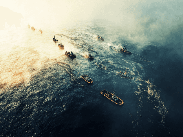 Aerial view of an oil spill spreading across the ocean with emergency response teams working to contain it