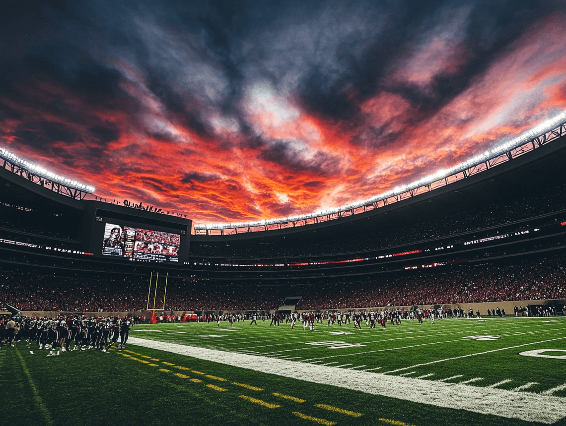 A dramatic football field under stadium lights