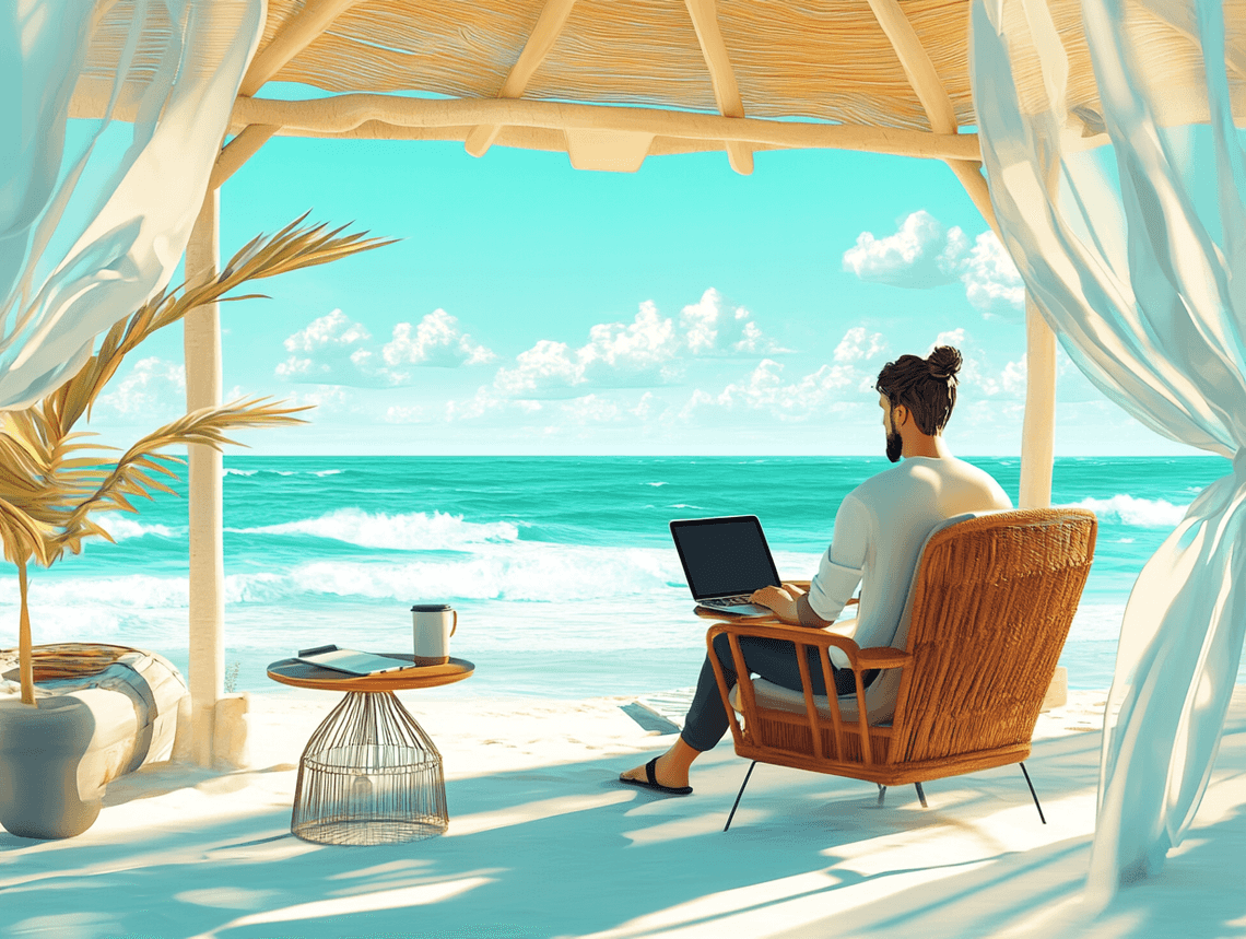 A serene eco-lodge surrounded by lush greenery and solar panels