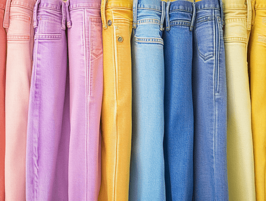 A rack of brightly colored denim jeans in various shades