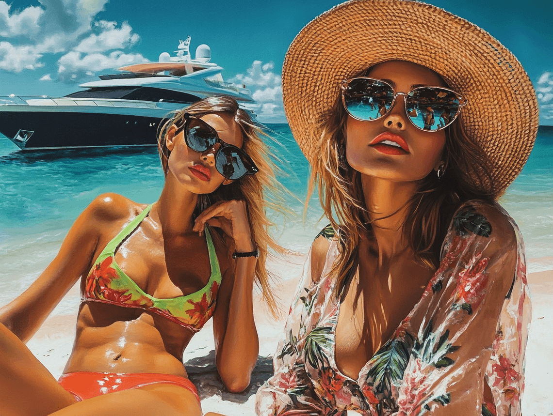 A stunning tropical beach with crystal-clear waters and luxury yachts in the distance