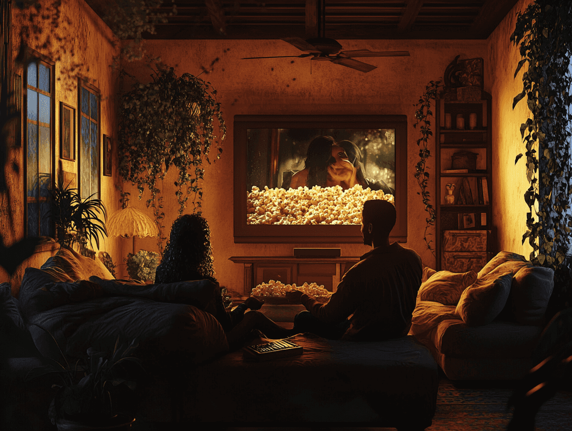 A romantic couple watching a movie together on a cozy sofa, dim lighting, and popcorn in hand