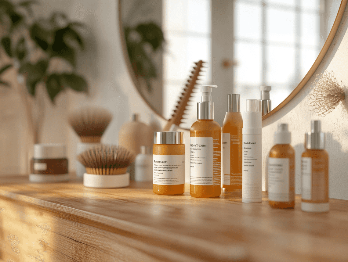 A woman applying heat protectant spray to her hair before styling