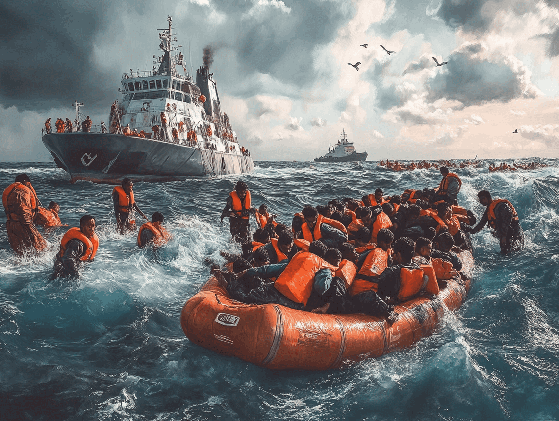 A small overcrowded boat carrying migrants across a rough sea