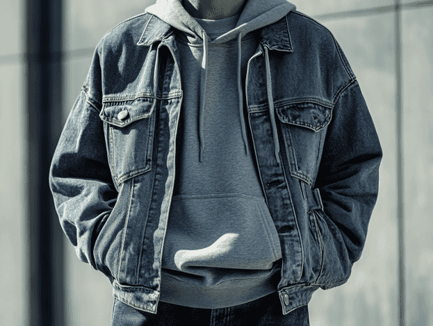 A pair of eco-friendly denim jeans displayed on a wooden table with sewing tools