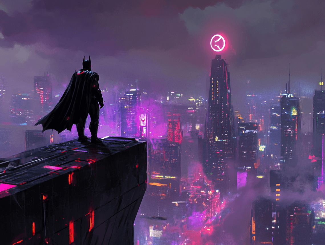 A close-up of a futuristic Batsuit with glowing tech details