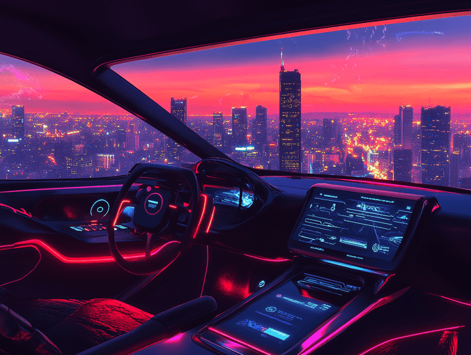 A driverless car navigating a city street at dusk