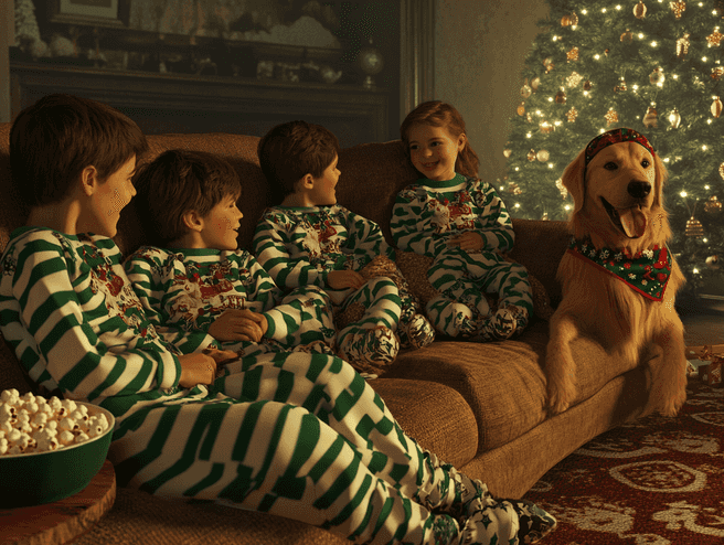 A cozy family wearing matching holiday pajamas while sitting by a decorated Christmas tree