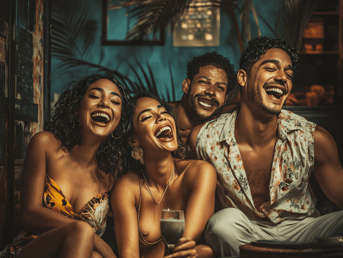 A vibrant stage with Dominican cultural elements, showcasing a comedy performance