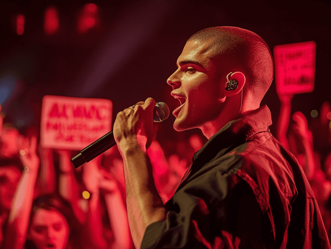 Fans holding signs and cheering at a concert, showing their support for Max George