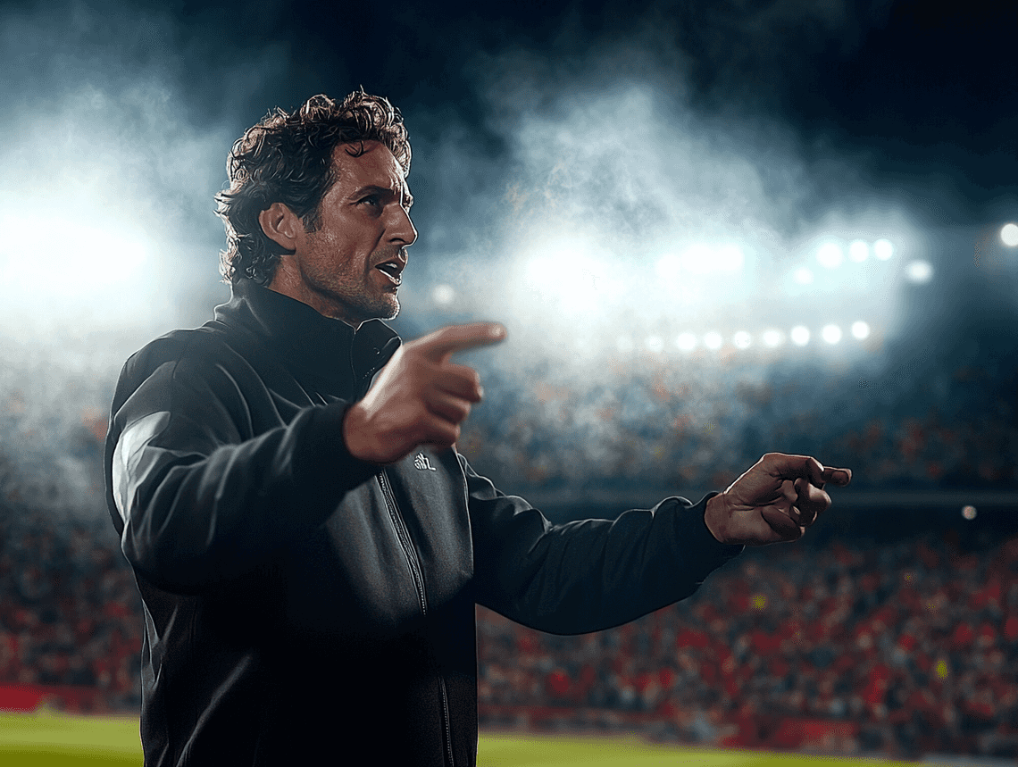 A football manager giving instructions to his team on the sidelines during a match