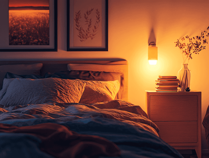 A cozy bedroom with soft lighting and a comfortable bed