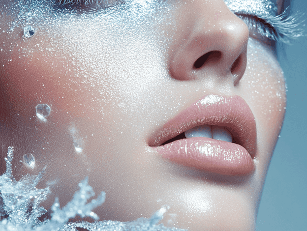 A close-up of a frosty makeup look with shimmering eyeshadow and glossy lips