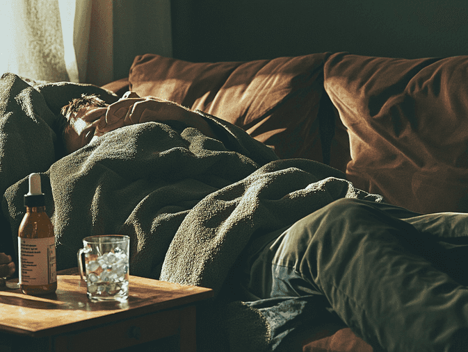 A person resting on a couch with a glass of water nearby, recovering from a stomach bug