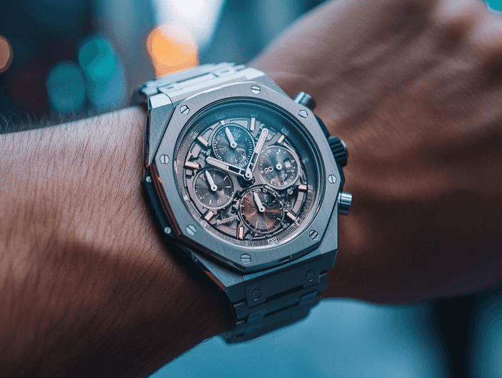 A lifestyle shot of the Zenith Defy Skyline Chronograph worn on the wrist, showcasing its bold presence