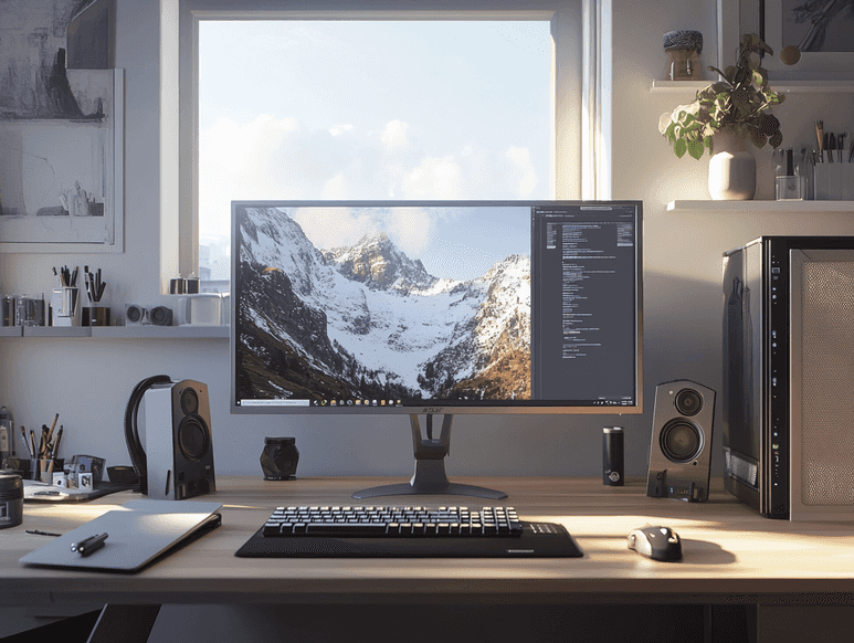A professional workspace featuring the Thelio Astra desktop PC