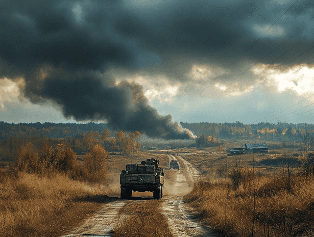 A dramatic aerial view of a conflict zone with smoke rising and military vehicles in the distance