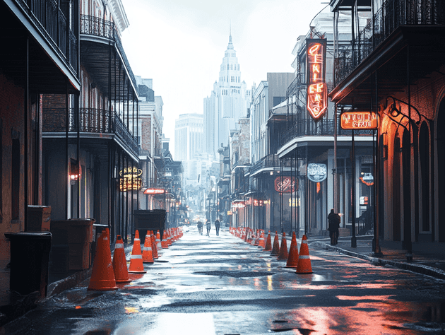 A newly installed vehicle barrier on Bourbon Street, symbolizing safety and change.