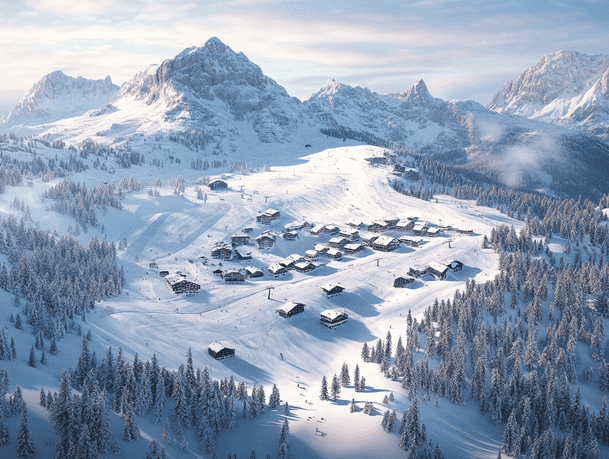 A panoramic view of the Dolomites with skiers on the slopes