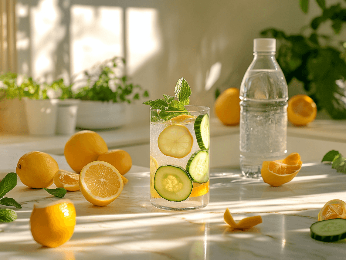 A glass of infused water with lemon and mint placed on a sunny kitchen counter