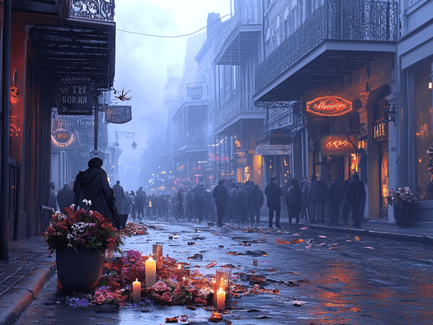 A bustling Bourbon Street with a somber atmosphere, reflecting resilience and grief.