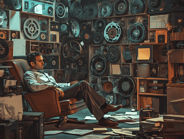 A portrait of a thoughtful filmmaker in a studio setting, surrounded by film reels and scripts