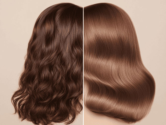 A before-and-after comparison of hair treated with a nourishing mask