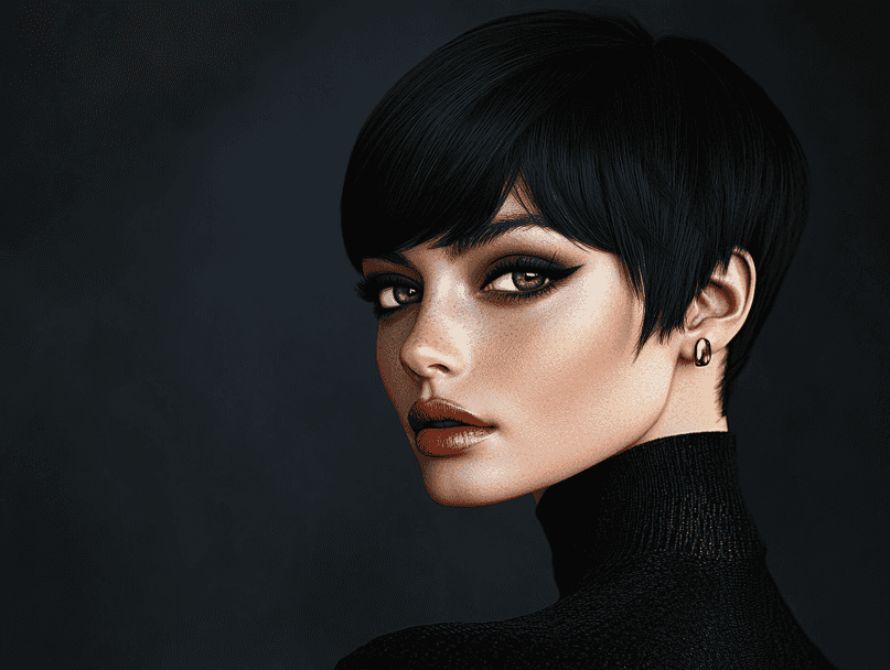 A glamorous pixie haircut styled for a red carpet event