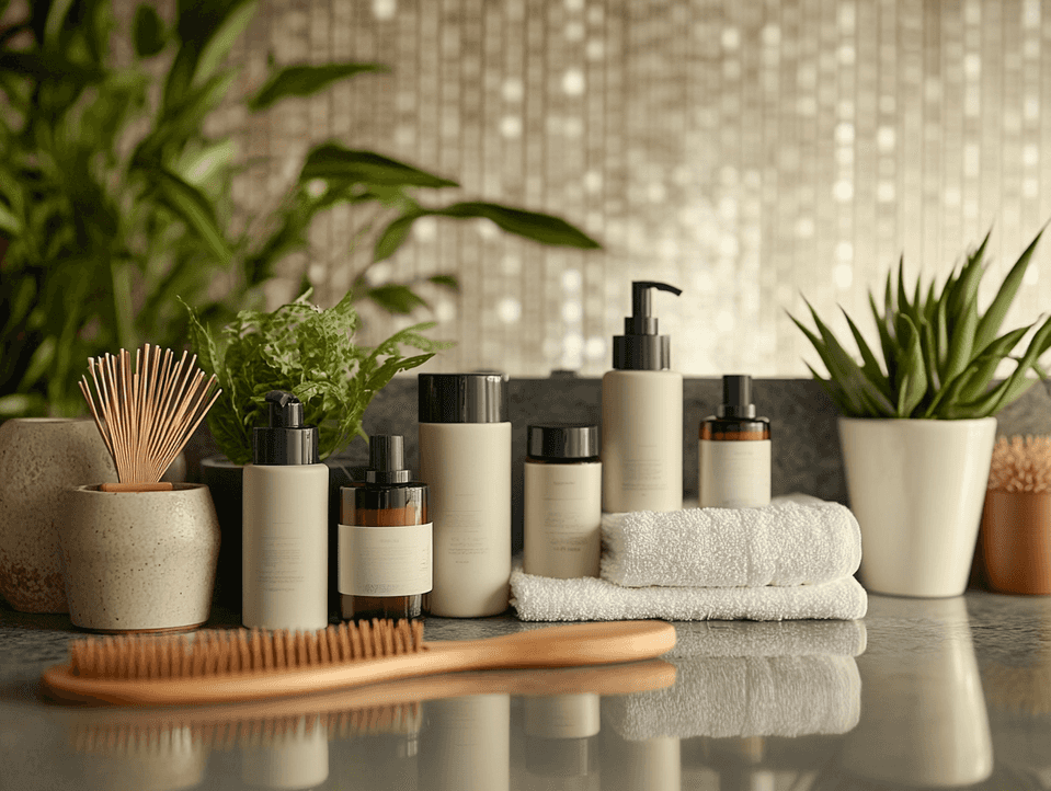 A woman applying deep conditioner to her hair in a spa-like setting